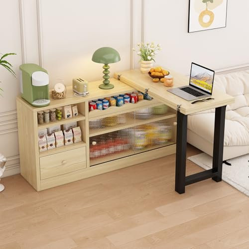 Billg Modern Bartisch Ausziehbarer, Multifunktional Stehtisch Tresen, Esstisch klappbar mit Schrank, Großer Stauraum, 360°Drehbar, Bistrotisch für Küche, Wohnzimmer, Esszimmer