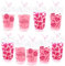 20 Pcs Valentine's Day Heart Drink Pouches With Straws Pink Love Heart Rose Flowers Reusable Juice Pouches Plastic Clear Drink Bags for Valentine's Wedding Birthday Bachelorette Party Supplies