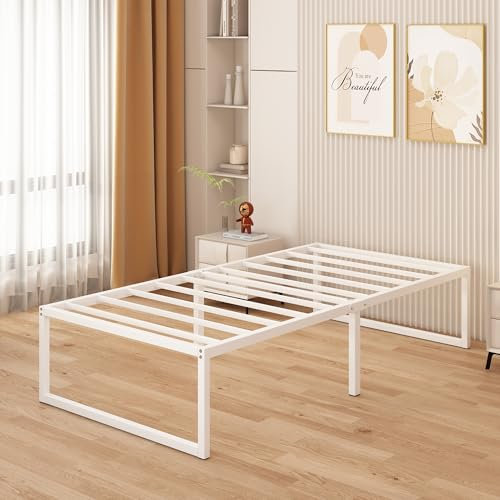 Yicensen Metallbett 90x200 cm - 46 cm Hoch, Großer Stauraum unter dem Bett, Einzelbettgestell aus Metall mit Stahllattenstütze, Einfache Montage, Geräuschlos, Kein Boxspringbett, Weiß