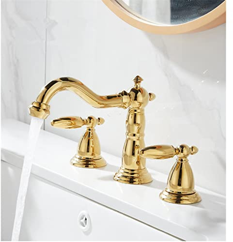 Grifo de lavabo de latón dorado antiguo con 3 agujeros con grifo de agua fría y caliente