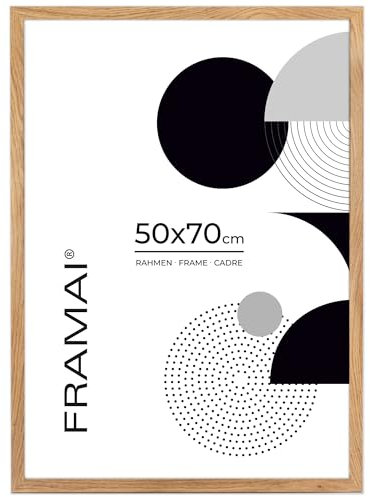 FRAMAI® Bilderrahmen 50x70 cm Eichenfarbe MDF Umweltfreundlichem Rahmen mit Bruchsicheren Plexi, Aufhänger und Aufsteller