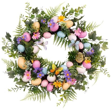 Générique Couronne D'oeuf de Pâques Fleur Artificielle Couronnes de Pâques Porte, Décoration de Pâques à Suspendre, Couronne de Pâques avec des œufs de Pâques Colorés, Couronne de Fleurs