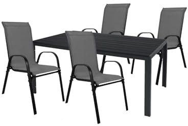 Mojawo 5tlg Outdoormöbel Set Gartenmöbel Gartengarnitur Non Wood Tisch Alu 150x90x74cm + 4 Stapelstühle Textilen wetterfest