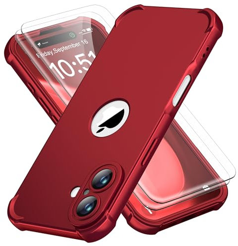 ORETECH for iPhone 16 Case 6.1 inch, with [2 Pack 9H Screen Protector] [Camera Lens Guard] [15FT Military Grade Drop Test] 360° Shockproof Slim Fit Design Rubber Bumper Phone Cover - Red