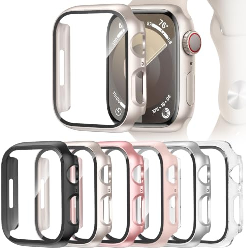PWJCLT [6 Pack] Hard Case Compatible for Apple Watch Series 9/8/7 45mm with Tempered Glass Screen Protector, Ultra-Thin Shockproof Overall Protective Cover for iWatch