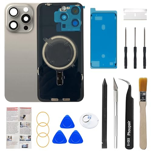 Phoupair OEM Rückglas Ersatz Kompatibel mit iPhone 15 Pro 6,1 Zoll mit Kamerarahmen und Kameraobjektiv + Professionelles Reparaturwerkzeug-Set und Installationsanleitung (Natürliches Titan)