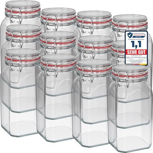WELLGRO Einmachgläser mit Bügelverschluss eckig, Fermentierglas, Vorratsgläser mit Deckel, Bügelglas - Gläser mit Deckel Made in Germany (1540ml x 12 Stück)
