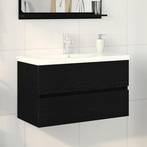 Massbinet Badezimmermöbel Set Unterschrank mit Keramikwaschbecken Spiegelschrank Hochscrank Schwarze Eiche 80 x 38.5 x 45 cm Ohne Wasserhahn
