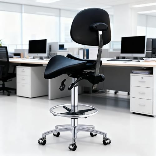 TUJOBA Sattelhocker Büro-Rollsattelstuhl, Sattelhocker mit Geteilter Sitzfläche, Rückenlehne und Fußstütze, Ergonomischer Sattelhocker für Apotheke/Krankenhaus/Klinik/Labor(45-60cm (17.7-23.6in))