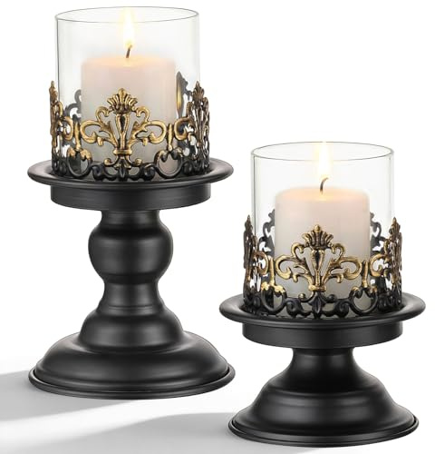 Pillar Candle Holders, Set of 2 Metal Candle Holders, Vintage Candle Stand with Glass Cover, Distressed Black Gold Candlesticks, for Dining Room Wedding Party Home Fireplace Mantel Gothic (Black, S+L)