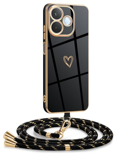Mkej Hülle Kompatibel mit Oppo A5 Pro 5G Hülle mit Band, Galvanik Silicone Handyhülle mit Herz Love Design, Abnehmbar und einstellbar Handykette für Oppo A5 Pro 5G - Case in Schwarzes Gold