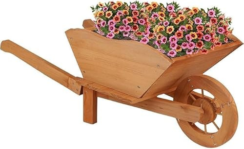 rightclick Wooden Garden Wheelbarrow Planter - Decorative Outdoor Flower Container with Stand - Garden Ornaments Outdoor Plant Pots, Flower & Vegetable Planters Outdoor. (L73 x W28 x H31 cm)