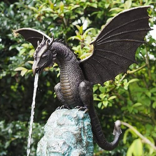 Garten-Drachenstatue, Brunnen-Drachen-Ornament, Kunstharz, Wasserspiel-Skulptur für Hausgarten-Dekoration, Bronze-Finish, 35 cm x 30 cm x 23 cm