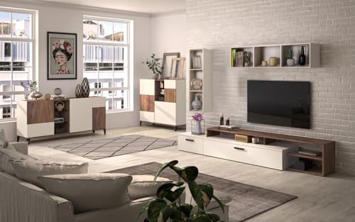 Composad | Soggiorno Completo Linea Vittoria con 1 Porta TV, 1 Madia, 1 Contromobile e 2 Librerie Pensili, Arredo Mobili Soggiorno, Living, Noce Brera e Grigio Cashmere Topmatt, Made In Italy
