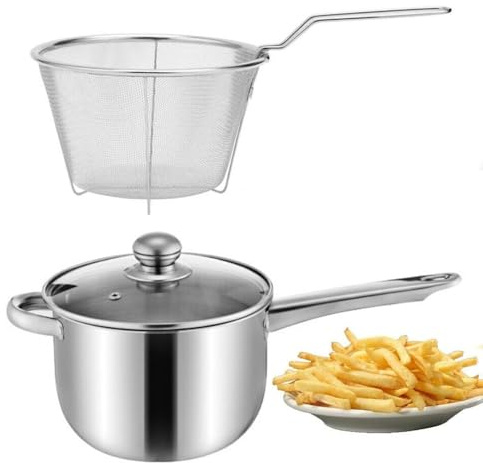 3.2L Stainless Steel Chip Pan Fryer with Basket and Helper Handle 38cm- 19.5cm Induction Compatible Deep Fat Fryer for Homemade Chips, Donuts & Fried Foods