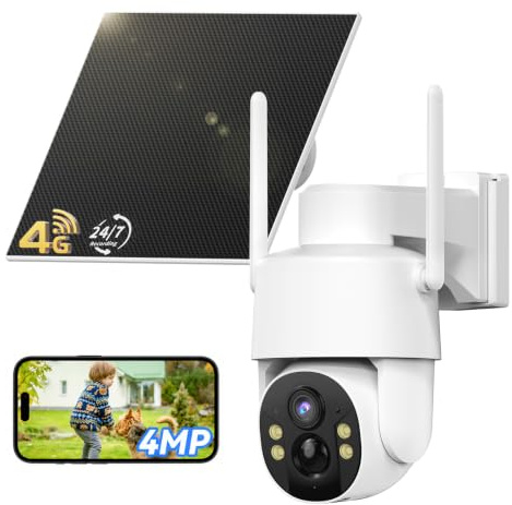 Tical 24/7 Registrazione AOV 4G Telecamera Esterno con SIM, 2.5K/4MP HD | Telecamera Solare con Batteria 9000mAh Pannello Solare, AI Rilevamento Umano, 360° PTZ Visione Notturna a Colori, IP65,Bianco