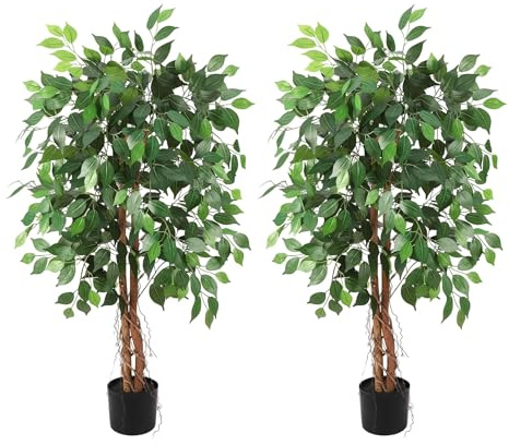 Árbol Ficus Artificial 1.2M - 2 Piezas, Planta Artificial Grande y Realista, Planta Banyan Alta y Realista De Seda Falsa, Maceta Negra para Decoración Interior o Exterior En Hogar, Sala, Oficina