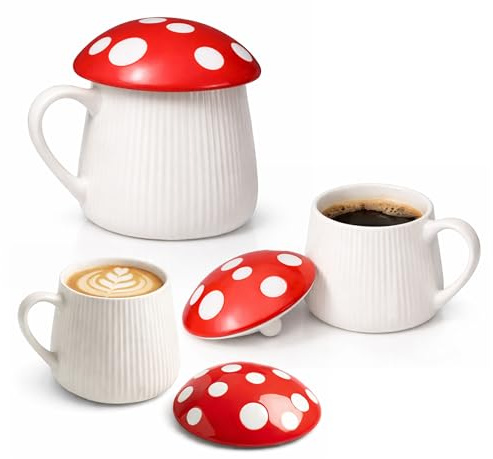 TIENDA EURASIA – Taza de Café con Tapa Diseño Seta | Porcelana | 390 ml | Con Asa | Color Blanco y Rojo | Ideal para Café y Té