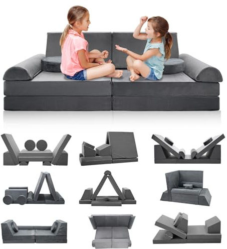 Meulbaty Sofá de juegos para niños, sofá infantil de 10 bloques de construcción de espuma, flexible y combinable, sofá modular para jugar, ser creativo, dormir (160 cm)