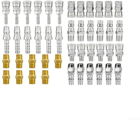 45-Piece Pneumatic Quick Connect Set, High-Flow Air Compressor Fittings with Self-Locking Design, Nickel-Plated Carbon Steel and Brass Adapters for Workshop Tools