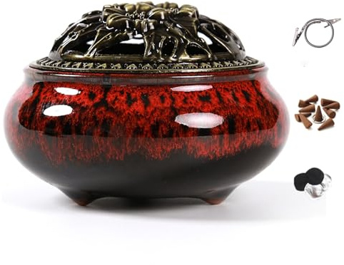 LamDawn Incense Burner with Calabash Incense Stick Holder - Porcelain Charcoal Censer for Use with Resin Granular Powder Cone or Coil Incense (Fambe Red)