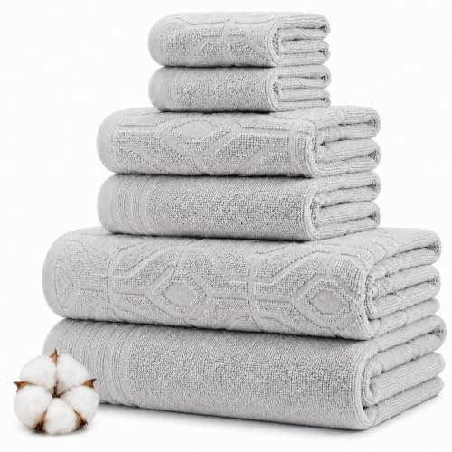 Modern Threads 6 Piece Bath Towel Set – Bathroom Towel Set with 2 Bath Towels, 2 Hand Towels & 2 Washcloths – 100% Cotton, Soft & Absorbent – Geometric (Silver Cloud)