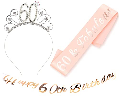 jenich 3er Set Happy 60 Birthday Geburtstag Schärpe Geburtstags Krone 60. Geburtstag Kristall Tiara Krone Happy 60th Birthday Banner Girlande für 60. Geburtstag Party Deko Accessoires Geschenk