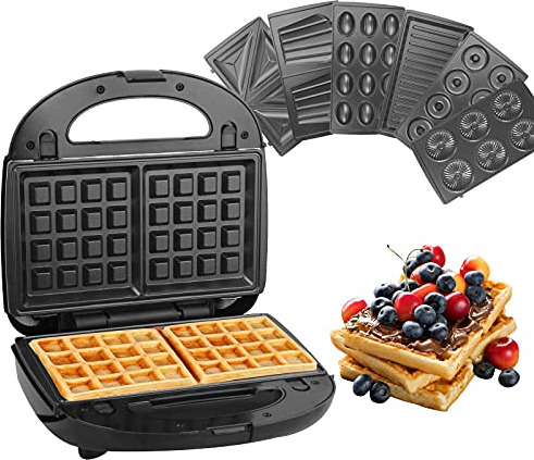 Hoapin Sandwichera, Sandwichera Grill Multifuncional 750W, Panini Grill de Termostato Automático, Gofrera Eléctrica Parrilla con 7 Placas Antiadherentes Extraíbles, Libre de PBA (7 en 1)