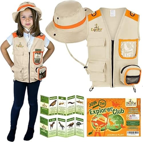 Cheerful Children Toys Kinder Explorer Kostüm Kit Safari Weste und Hut plus Dinosaurier und Käfer Lernhandbücher Dress up Halloween Outdoor Abenteuer Rollenspiel 3-7 Jahre Orange