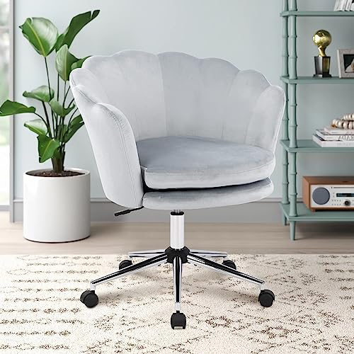 WOLMICS Bürostuhl Ergonomisch,Schreibtischstuhl aus Samt für Homeoffice, Höhenverstellbarer Drehstuhl mit Einer Belastbarkeit von 150 kgt,Schminktischstuhl fürSchlafzimmer/Büro,Hellgrau+Silberne