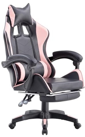 WeHome - Sedia da Gaming Racing Ergonomica Reclinabile con Braccioli, Poltrona Ufficio Girevole con Rotelle, Poggiapiedi, Poggiatesta e Cuscino Lombare in Similpelle, Portata: 125kg (Rosa)