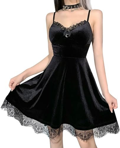 DINGJIUYAN Vintage Punk Gothic Black Lace Grunge Mini Dress Women High Waist Slim Harajuku Lolita 90s Mini Dress
