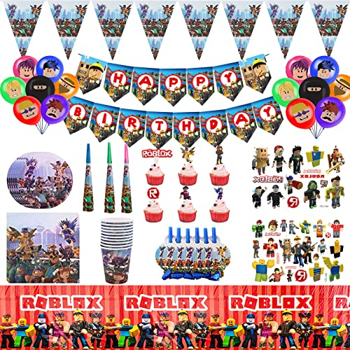 PiliStar Roblox Geburtstagsdekoration, 95PCS Partygeschirr inklusive Roblox Banner, Wimpel, Tischdecke, Teller, Geburtstagsdekoration für Jungen und Kinder