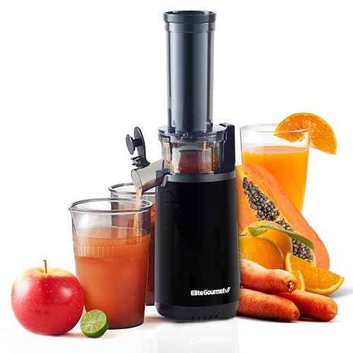 Elite Gourmet EJX600 Compact Small Space-Saving Masticating Slow Juicer, Cold Press Juice Extractor, Nutrient and Vitamin Dense, Easy to Clean, 16 oz Juice Cup, Charcoal Grey