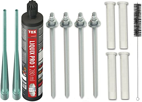 Schwerlastbefestigung SET M16x250mm VERZINKTER STAHL 5.8 - TOX Verbundmörtel Liquix Pro 1 + 4 Gewindestangen + 4 Siebhülsen 20X130mm + Zylinderbürste/Klebeanker Ankerstangen