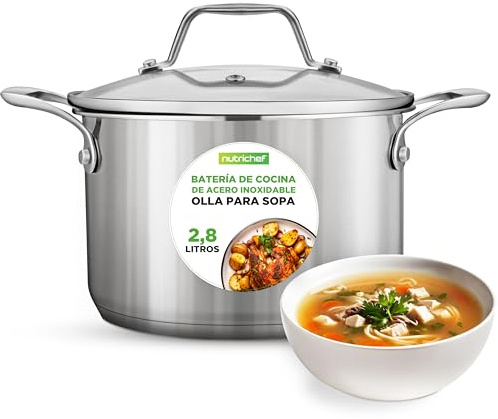 NutriChef Stainless Steel Stock Pot 2.8 Litre with Glass Lid – Small Soup Pot for Induction, Gas, Ceramic and Electric Hobs, Siliver