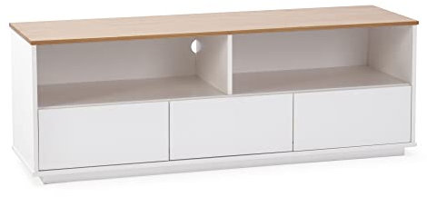 HOMN LIVING Meuble TV Bob 3 tiroirs 2 Trous Blanc/Chêne, Bois Massif, 140 cm (Largeur) 40 cm (Profondeur) 49 cm (Hauteur)
