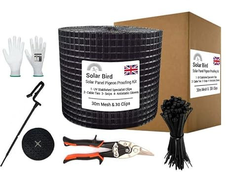 SOLAR BIRD Solar Panel Pigeon Proofing Kit Bird Deterrent Nesting wire mesh Clip Kit (Black PVC 30m + 30 clips)