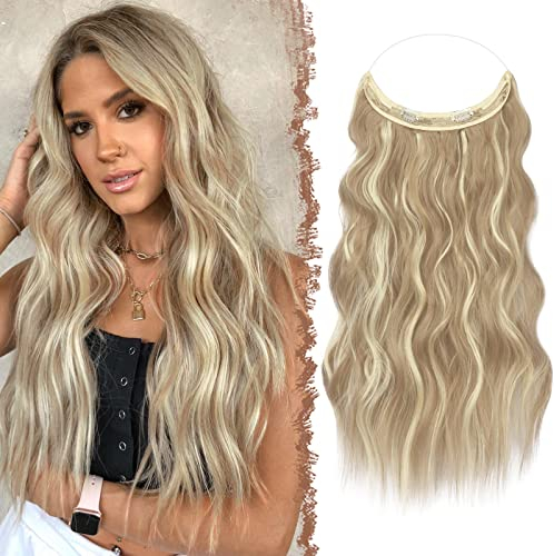 FESHFEN Secrets Hair Extensions Lange Gewellt Haarverlängerung Invisible Secret Haarextension Synthetik Haare Unsichtbarem Haarteile für Frauen 40 cm Dunkles Aschblond Gemischtes Bleichblond