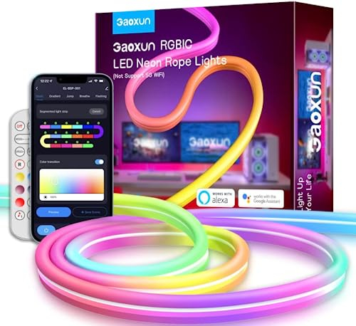 Gaoxun Neon LED Strip 3m, RGBIC Neon LED Streifen mit WiFi App-Steuerung, Wasserdicht IP65, DIY-Funktion, Musik Sync, funktioniert mit Alexa und Google Assistant, Dimmbar LED Lichtband für Wand Deko