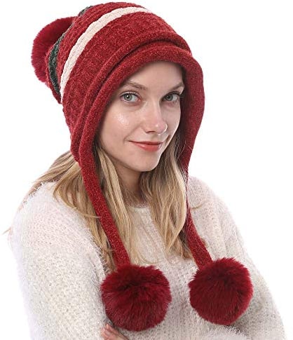 Kangqifen Damen Winter Gestreifte Fleece Gefüttert Warme Strickmütze Bommelmütz Gestrickte Mütze mit Ohrenklappen 3 Pompon (Rot)