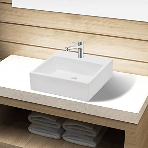 INLIFE Keramik Waschbecken mit Hahnloch Weiß Quadratisch,8.6kg,141940