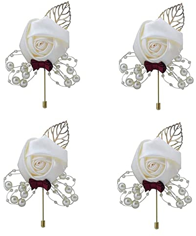 Boutonniere Hochzeit Rose Weiß, 4 Stück Rose Blumen Anstecker, Hochzeit Rose Blumen Anstecker, Bräutigam Hochzeitsanstecker, für Hochzeit, Ansteckblume Hochzeit für Hochzeiten Bankette Jubiläumsdaten