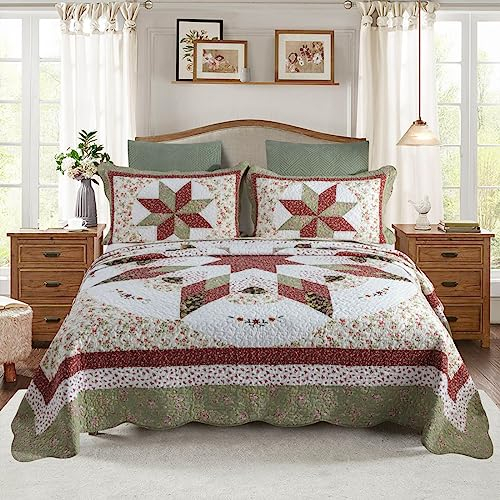 YAYIDAY Baumwoll-Tagesdecke, Patchwork, Übergröße, Kingsize-Bett (Touch-Bodengröße), wendbar, atmungsaktiv, Steppdecke mit Sternen, gesteppte Decke mit Kissenbezügen, passend für alle Jahreszeiten
