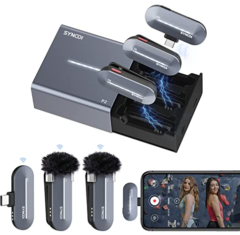 SYNCO Microfono Lavalier Wireless Tipo C, P2ST Microfono Senza Fili con custodia di ricarica Plug and Play per USB-C Smartphone Tablet, Microfono-Lavalier-Wireless-Telefono-Android