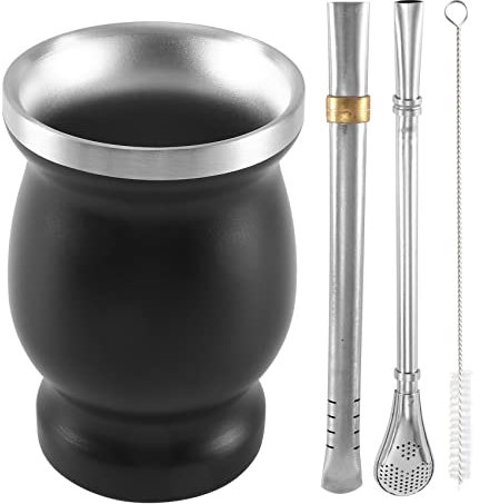 Hatem Doppel Wandiger Rostfreier Yerba Mate KüRbis Tee Tassen Set Kaffee Wasser Becher mit 2 Bombillas Stroh Halmen und Sauberem Pinsel 8 Unzen Schwarz