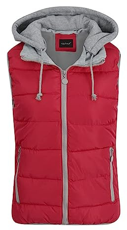 YOUTHUP Damen Steppweste mit Kapuze Leicht Winterweste Freizeit Gilet | Abnehmbare Graue Kapuze, Ärmellos, Bodywarmer, Regular Fit, 2 Reißverschlusstaschen, Wattiertes Futter, für Indoor Outdoor