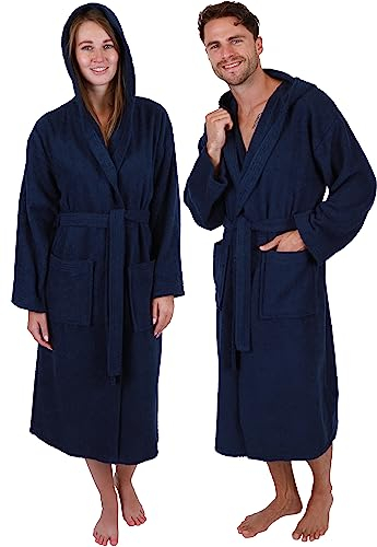 Betz Baumwolle Bademantel mit Kapuze für Herren und Damen - Saunabademantel - langer Bademantel - Saunamantel - Farbe dunkelblau - Größe L/XL - FULDA