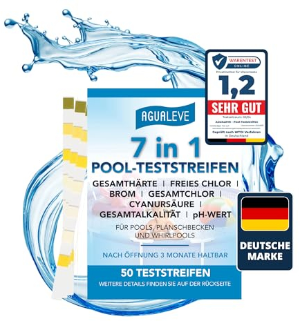 AGUALEVE® 7 in 1 Pool Teststreifen 50 Stück *NEU* | Präzise, schnell & einfach messen: pH-Wert, freies Chlor, Gesamtchlor, Gesamthärte, Gesamtalkalität, Cyanursäure und Brom | Deutsche Markenqualität