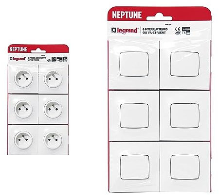 Legrand - Lot de 6 prises de courant avec terre Neptune - Blanc & - Lot de 6 interrupteurs ou va-et-vient Neptune - Blanc
